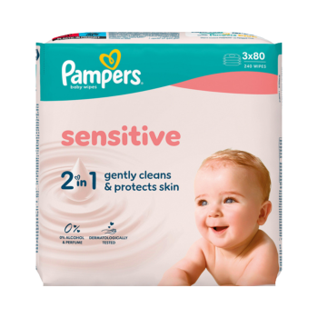 733446 Pampers Feuchttuecher Sensitive 2in1, 0 Prozent Parfuem und Alkohol, Nachfuellpackung, 3 x 80 Stueck